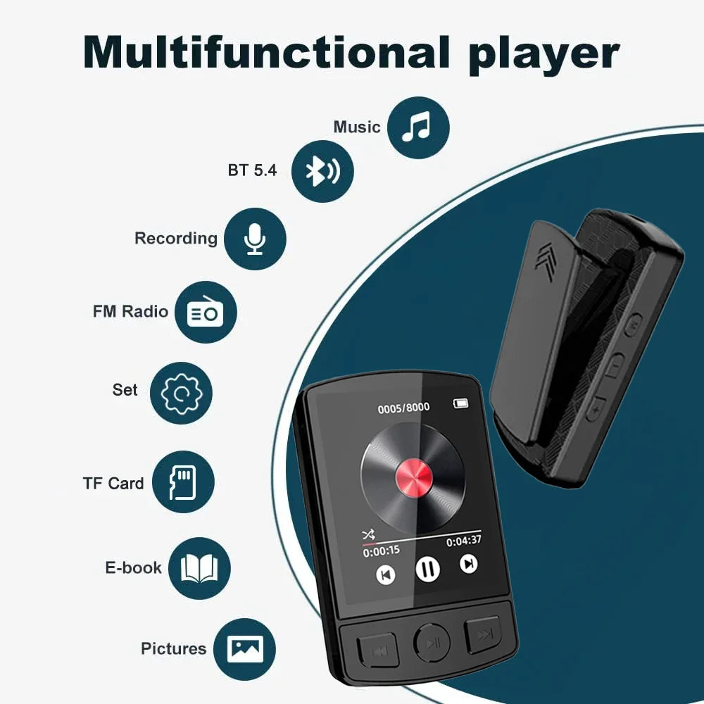 Portable Sport Clip Mini Walkman 1.8-Inch MP3 Player Bluetooth 5.2 MP4 Music Player Supports E-Books/Recorders/Fm Radios/Clocks