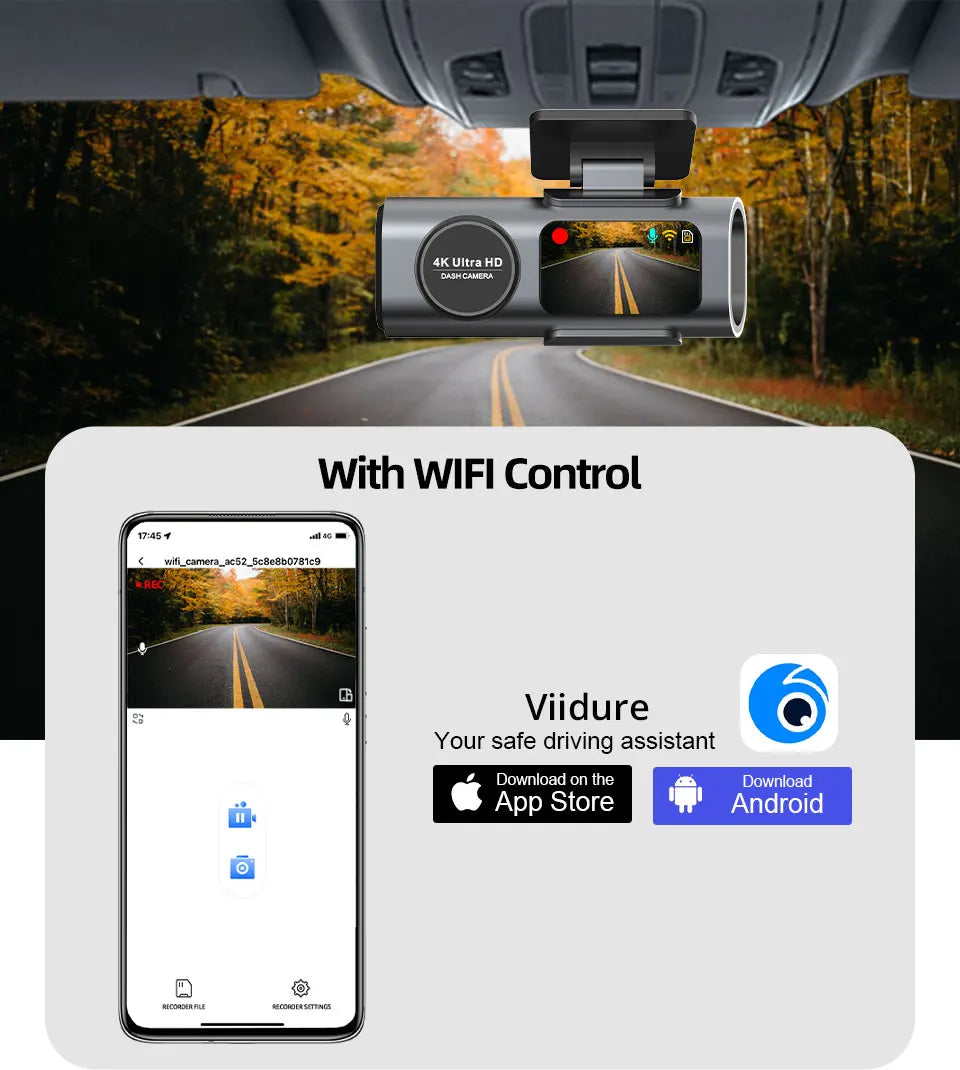 Dash Cam 4K UHD Recording Car Camera DVR Night Vision Video Recorder Built-In Wi-Fi Support GPS 24H Parking