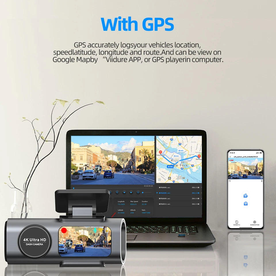 Dash Cam 4K UHD Recording Car Camera DVR Night Vision Video Recorder Built-In Wi-Fi Support GPS 24H Parking