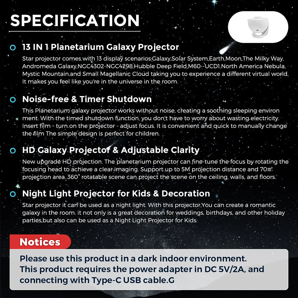 HD Starry Sky Globe Galaxy Projection Night Light, White Planetarium LED Lamp for Bedroom Christmas Birthday Party Gift