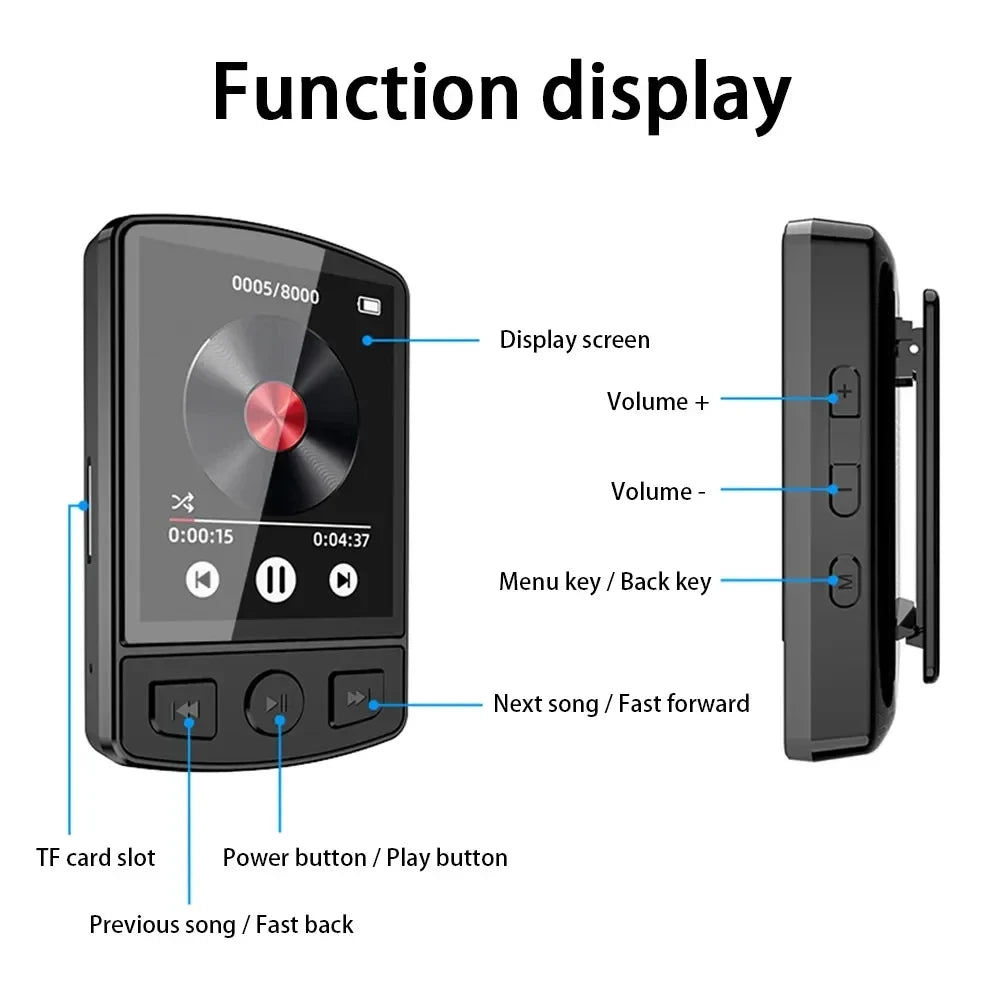 Portable Sport Clip Mini Walkman 1.8-Inch MP3 Player Bluetooth 5.2 MP4 Music Player Supports E-Books/Recorders/Fm Radios/Clocks